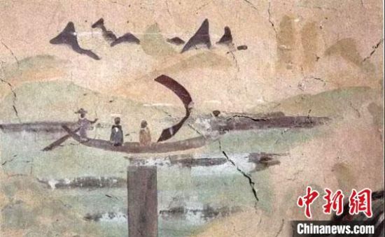 “一人搖櫓晃扁舟，兩人撐篙水上漂?！眻D為莫高窟第323窟《搖櫓帆船》（初唐）?！《鼗脱芯吭汗﹫D