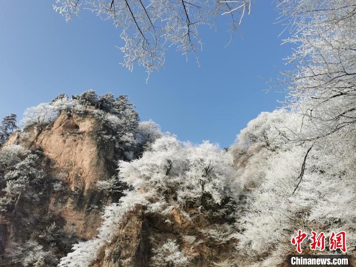 圖為藍(lán)天下霧凇籠罩山脈?！⌒煺袢A 攝