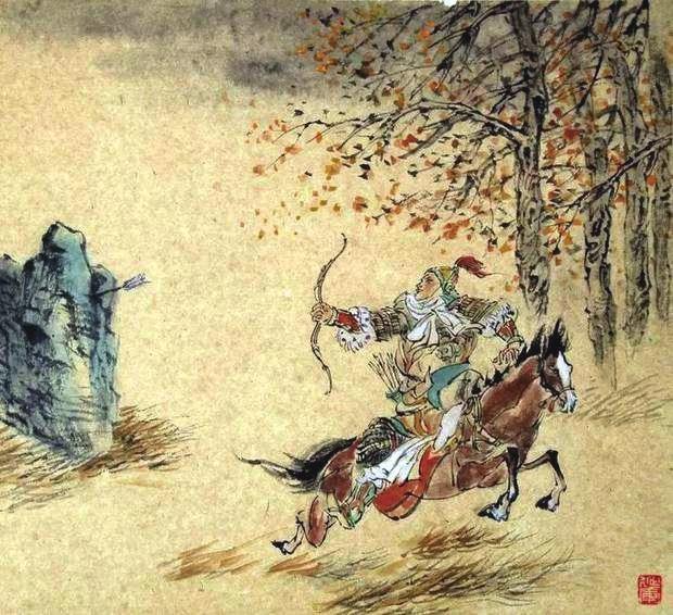 “林暗草驚風，將軍夜引弓。”畫作